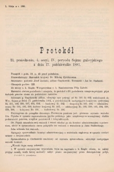 [Kadencja IV, sesja IV, pos. 21] Protokoły z 4. Sesyi IV. Peryodu Sejmu Krajowego Królestwa Galicyi i Lodomeryi wraz z Wielkiem Księstwem Krakowskiem z roku 1881. Protokół 21