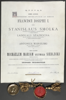 Dyplom doktorski Uniwersytetu Jagiellońskiego z dziedziny filozofii dla Michała Mariana Grzymały-Siedleckiego