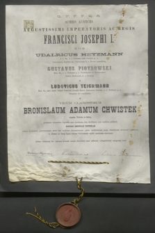 Dyplom doktorski Uniwersytetu Jagiellońskiego z dziedziny medycyny dla Bronisława Adama Chwistka