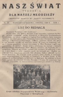 Nasz Świat : tygodnik dla naszej młodzieży : bezpłatny dodatek do „Gazety Mazurskiej”. 1929, nr 22