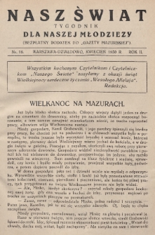 Nasz Świat : tygodnik dla naszej młodzieży : bezpłatny dodatek do „Gazety Mazurskiej”. 1930, nr 16
