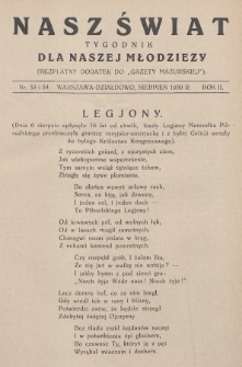 Nasz Świat : tygodnik dla naszej młodzieży : bezpłatny dodatek do „Gazety Mazurskiej”. 1930, nr 33-34