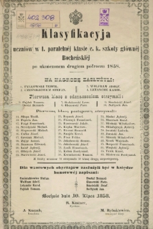 Klasyfikacyja uczniów w I. paralelnéj klasie c. k. szkoły głównéj Bocheńskiéj po ukończonem drugiem półroczu 1858