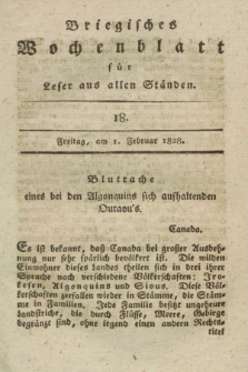 Briegisches Wochenblatt für Leser aus allen Ständen : eine Zeitschrift. [Jg.20], [nr] 18 (1 Februar 1828) + dod.