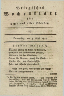Briegisches Wochenblatt für Leser aus allen Ständen : eine Zeitschrift. [Jg.20], [nr] 27 (3 April 1828) + dod.