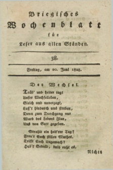 Briegisches Wochenblatt für Leser aus allen Ständen : eine Zeitschrift. [Jg.20], [nr] 38 (20 Juni 1828) + dod.