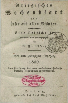 Briegisches Wochenblatt für Leser aus allen Ständen. Jg.22, nr 14 (1 Januar 1830) + dod.