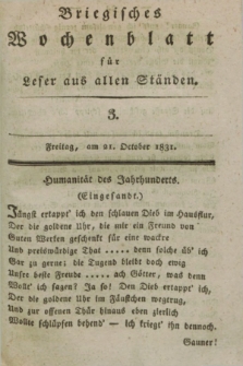 Briegisches Wochenblatt für Leser aus allen Ständen. [Jg.23], [nr] 3 (21 October 1831) + dod.