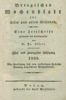 Briegisches Wochenblatt für Leser aus allen Ständen. Jg.25, [nr] 1 (7 Januar 1833) + dod.
