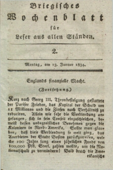 Briegisches Wochenblatt für Leser aus allen Ständen. [Jg.25] [i.e. 26], [nr] 2 (13 Januar 1834) + dod.