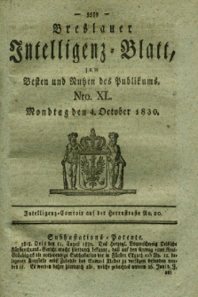Breslauer Intelligenz-Blatt : zum Besten und Nutzen des Publikums. 1830, Nro. 40 (4 October) + dod.