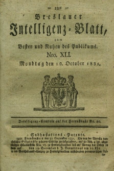 Breslauer Intelligenz-Blatt : zum Besten und Nutzen des Publikums. 1831, Nro. 41 (10 October) + dod.