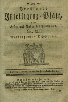 Breslauer Intelligenz-Blatt : zum Besten und Nutzen des Publikums. 1831, Nro. 42 (17 October) + dod.