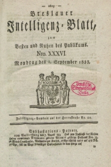 Breslauer Intelligenz-Blatt : zum Besten und Nutzen des Publikums. 1833, Nro. 36 (2 September) + dod.