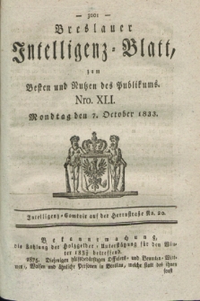 Breslauer Intelligenz-Blatt : zum Besten und Nutzen des Publikums. 1833, Nro. 41 (7 October) + dod.