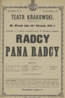 We Wtorek dnia 14go Stycznia 1873 r. komedya w 3 aktach oryginalnie przez M. Bałuckiego napisana Radcy Pana Radcy