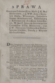 Sprawa Graniczna Podkomissyjna Miasta J. K. Mci Kleszczelow, z J. WW. Anną z Szczytow Matką, Wincentem, Tadeuszem Synami Matuszewicami ... W. J. P. Jgnacym Bobrownickim ... oraz JW. Floryanem Cieszkowskim