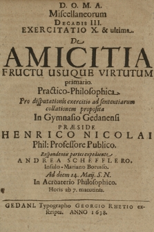 De Amicitia Fructu Usuque Virtutum primario ...