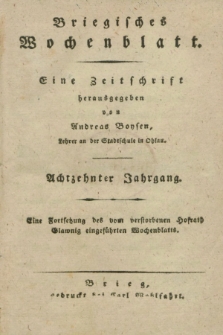 Briegisches Wochenblatt : eine Zeitschrift. Jg.18, Stück 1 (6 Januar 1826) + dod.