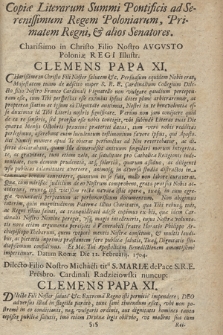 Copia Literarum Summi Pontificis ad Serenissimum Regem Poloniarum, Primatem Regni & alios Senatores