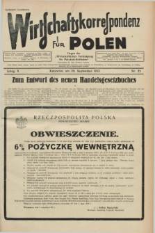 Wirtschaftskorrespondenz für Polen : Organ der „Wirtschaftlischen Vereinigung für Polnisch-Schlesien”. Jg.10, Nr. 25 (20 September 1933)