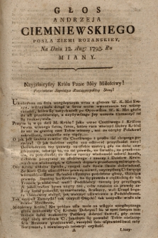 Głos Andrzeja Ciemniewskiego Posła Ziemi Rozanskiey, Na Dniu 12. Aug. 1793. Ru Miany