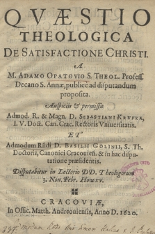 Qvæstio Theologica De Satisfactione Christi