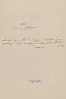 Fragment korespondencji Jana Karłowicza oraz Józafata Nowińskiego
