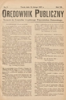 Orędownik Publiczny : dodatek do Dziennika Urzędowego Województwa Pomorskiego. 1927, nr 5