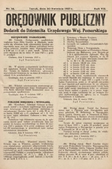Orędownik Publiczny : dodatek do Dziennika Urzędowego Województwa Pomorskiego. 1927, nr 14