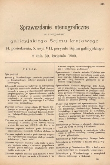 [Kadencja VII, sesja V, pos. 14] Sprawozdanie Stenograficzne z Rozpraw Galicyjskiego Sejmu Krajowego. 14. Posiedzenie 5. Sesyi VII. Peryodu Sejmu Galicyjskiego