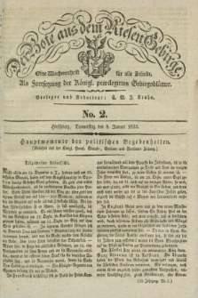 Der Bote aus dem Riesen-Gebirge : als Fortsetzung der Königl. privilegirten Gebirgsblätter : eine Wochenschrift für alle Stände. Jg.23, No. 2 (8 Januar 1835) + dod.