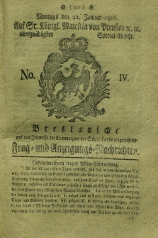 Breslausche auf das Interesse der Commerzien der Schles. Lande eingerichtete Frag- und Anzeigungs-Nachrichten. 1816, No. 4 (22 Januar) + dod.