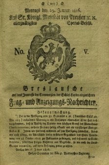 Breslausche auf das Interesse der Commerzien der Schles. Lande eingerichtete Frag- und Anzeigungs-Nachrichten. 1816, No. 5 (29 Januar) + dod.