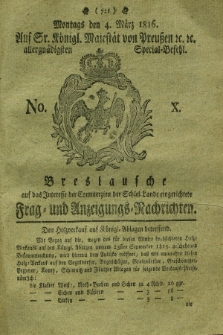 Breslausche auf das Interesse der Commerzien der Schles. Lande eingerichtete Frag- und Anzeigungs-Nachrichten. 1816, No. 10 (4 März) + dod.