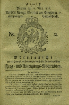 Breslausche auf das Interesse der Commerzien der Schles. Lande eingerichtete Frag- und Anzeigungs-Nachrichten. 1816, No. 11 (11 März) + dod.