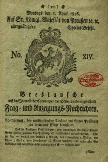 Breslausche auf das Interesse der Commerzien der Schles. Lande eingerichtete Frag- und Anzeigungs-Nachrichten. 1816, No. 14 (1 April) + dod.