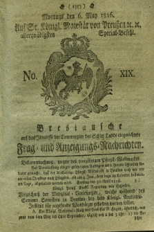 Breslausche auf das Interesse der Commerzien der Schles. Lande eingerichtete Frag- und Anzeigungs-Nachrichten. 1816, No. 19 (6 May) + dod.