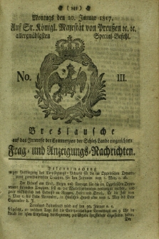 Breslausche auf das Interesse der Commerzien der Schles. Lande eingerichtete Frag- und Anzeigungs-Nachrichten. 1817, No. 3 (20 Januar) + dod.