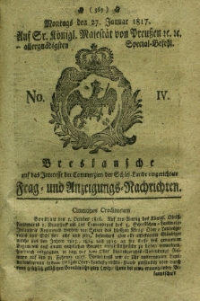 Breslausche auf das Interesse der Commerzien der Schles. Lande eingerichtete Frag- und Anzeigungs-Nachrichten. 1817, No. 4 (27 Januar) + dod.