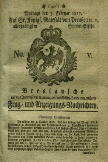 Breslausche auf das Interesse der Commerzien der Schles. Lande eingerichtete Frag- und Anzeigungs-Nachrichten. 1817, No. 5 (3 Februar) + dod.