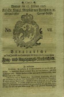 Breslausche auf das Interesse der Commerzien der Schles. Lande eingerichtete Frag- und Anzeigungs-Nachrichten. 1817, No. 7 (17 Februar) + dod.
