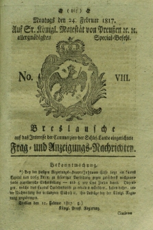 Breslausche auf das Interesse der Commerzien der Schles. Lande eingerichtete Frag- und Anzeigungs-Nachrichten. 1817, No. 8 (24 Februar) + dod.