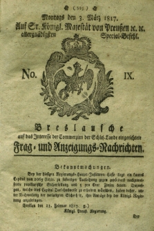 Breslausche auf das Interesse der Commerzien der Schles. Lande eingerichtete Frag- und Anzeigungs-Nachrichten. 1817, No. 9 (3 März) + dod.