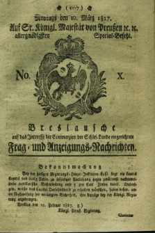 Breslausche auf das Interesse der Commerzien der Schles. Lande eingerichtete Frag- und Anzeigungs-Nachrichten. 1817, No. 10 (10 März) + dod.
