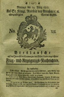 Breslausche auf das Interesse der Commerzien der Schles. Lande eingerichtete Frag- und Anzeigungs-Nachrichten. 1817, No. 12 (24 März) + dod.