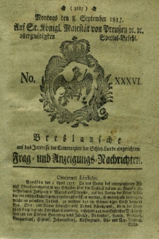 Breslausche auf das Interesse der Commerzien der Schles. Lande eingerichtete Frag- und Anzeigungs-Nachrichten. 1817, No. 36 (8 September) + dod.