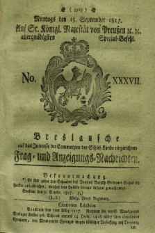 Breslausche auf das Interesse der Commerzien der Schles. Lande eingerichtete Frag- und Anzeigungs-Nachrichten. 1817, No. 37 (15 September) + dod.