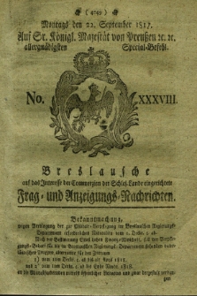 Breslausche auf das Interesse der Commerzien der Schles. Lande eingerichtete Frag- und Anzeigungs-Nachrichten. 1817, No. 38 (22 September) + dod.
