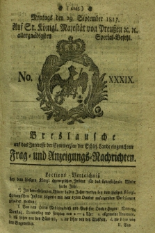 Breslausche auf das Interesse der Commerzien der Schles. Lande eingerichtete Frag- und Anzeigungs-Nachrichten. 1817, No. 39 (29 September) + dod.
